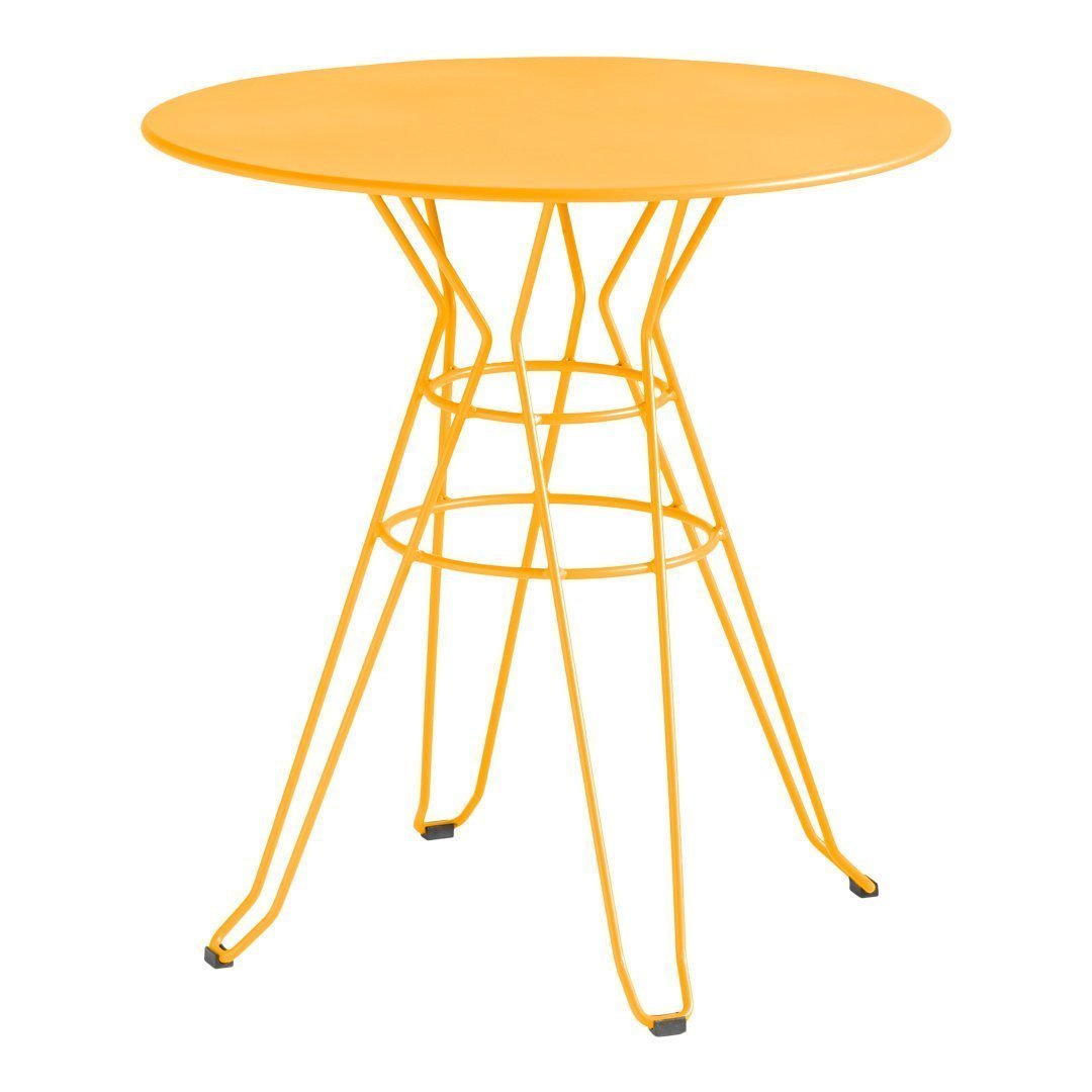 Bright orange round table with a unique wire base design, perfect for modern spaces.