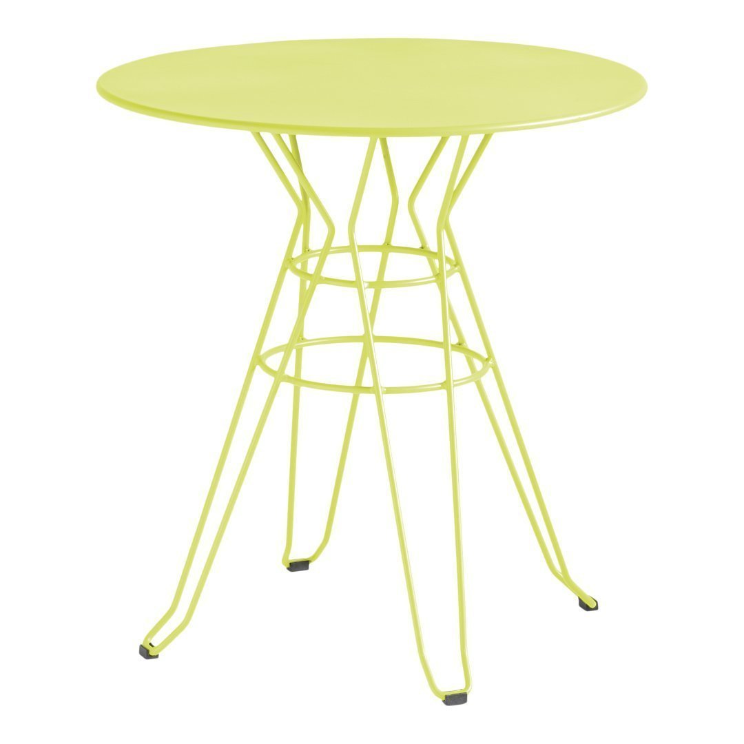 Bright yellow round table with a geometric wire base, perfect for modern outdoor or indoor settings.