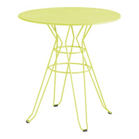 Bright yellow round table with a geometric wire base, perfect for modern outdoor or indoor settings.