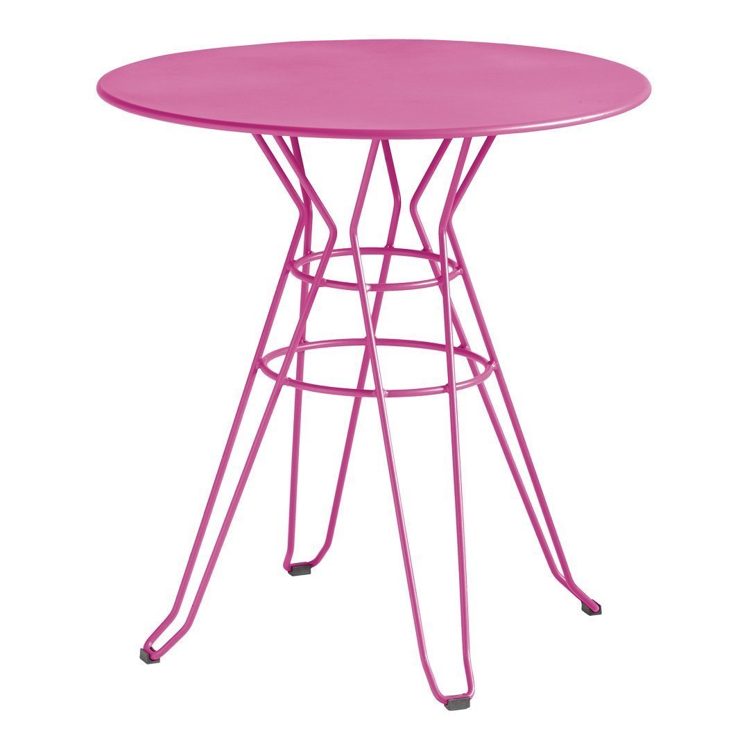 Modern round table with a vibrant pink top and geometric wire base, perfect for adding a pop of color to any space.