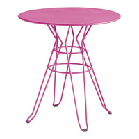 Modern round table with a vibrant pink top and geometric wire base, perfect for adding a pop of color to any space.