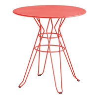 Red round table with a sleek wire design, perfect for modern decor, featuring a bold, vibrant color.