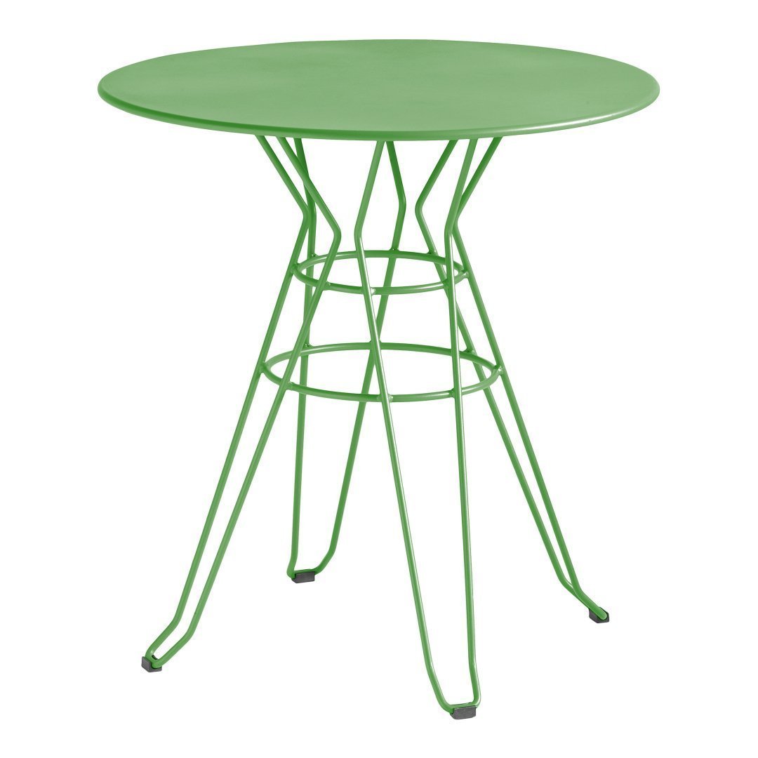 Round green table with an intricate wire design, perfect for adding a pop of color to any space.