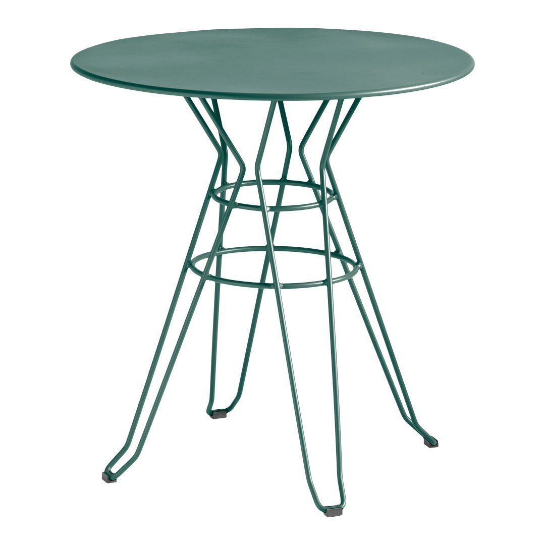 Green round table with a modern, geometric metal base, perfect for outdoor or casual dining settings.