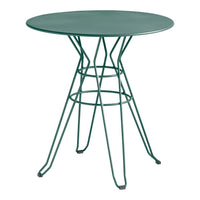 Green round table with a modern, geometric metal base, perfect for outdoor or casual dining settings.