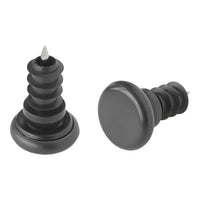 Black rubber stoppers with smooth and ribbed patterns, featuring a metal tip for added durability.