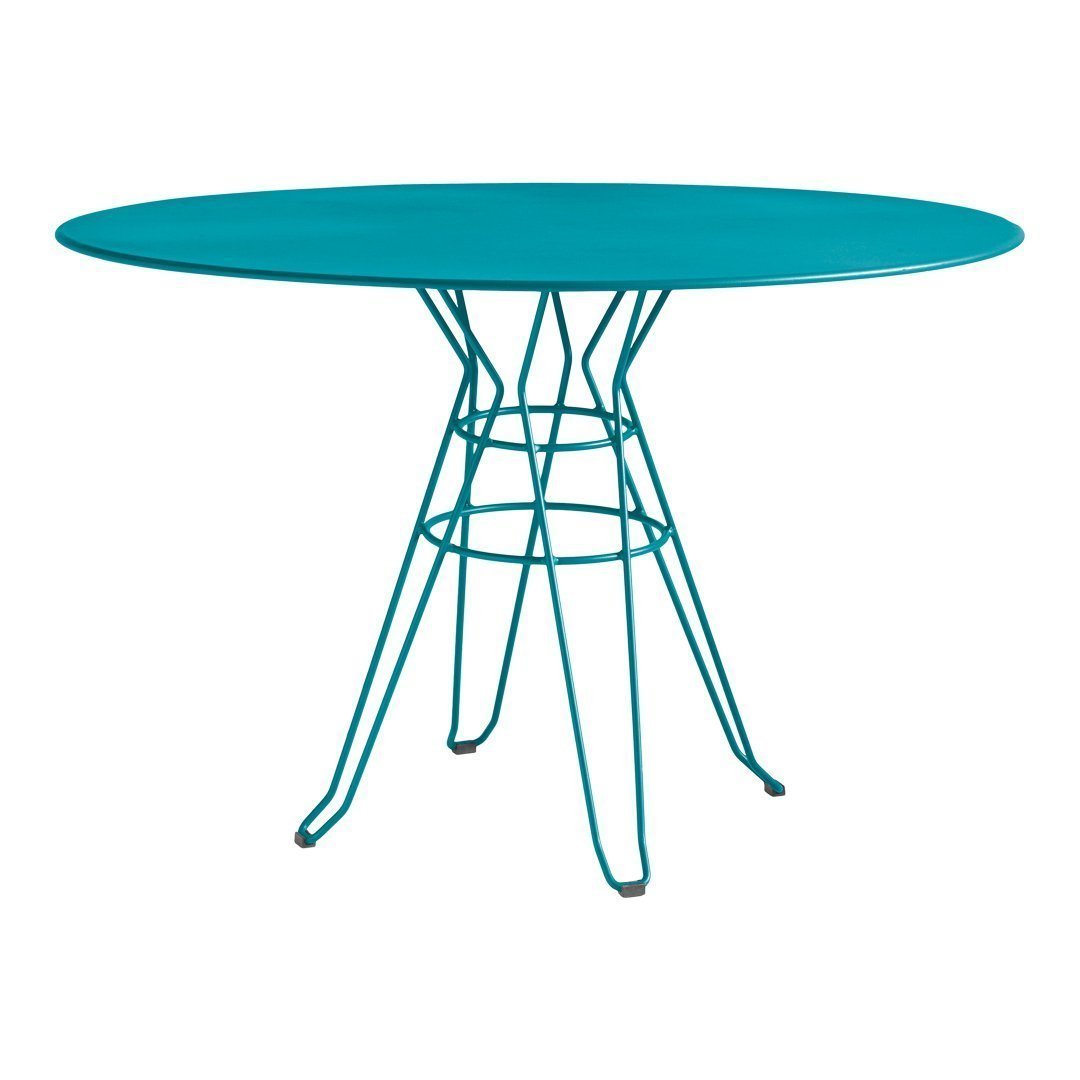 Teal oval table with a unique wire base design, perfect for modern dining spaces.