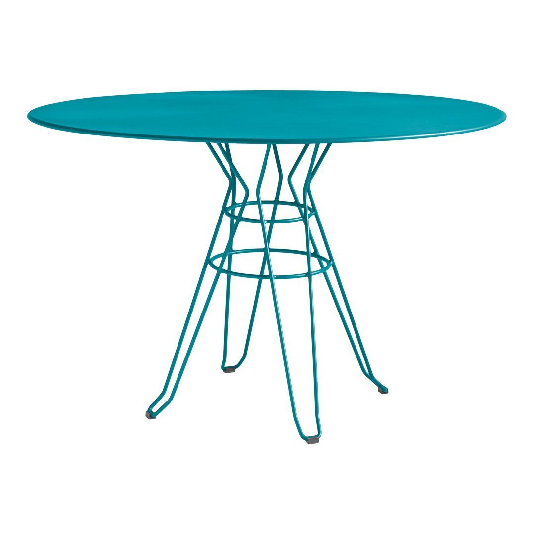 Teal oval table with a sleek wire base, featuring a modern design and vibrant color for stylish decor.