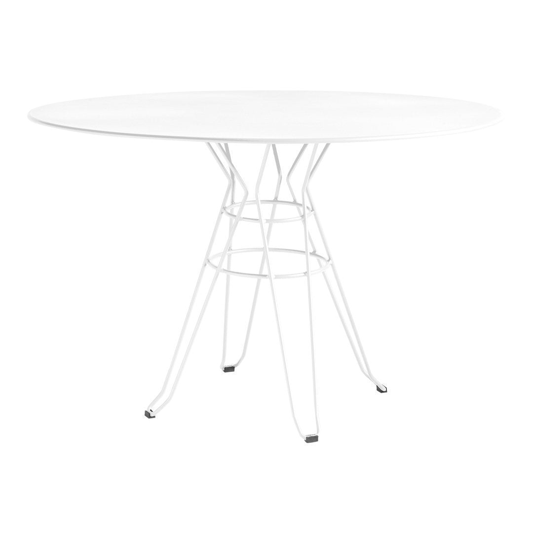 Modern round table with a sleek white tabletop and minimalist white wire base, perfect for contemporary spaces.