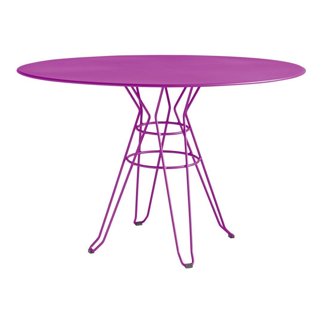 Vibrant purple oval table with a sleek wire base, perfect for modern decor and outdoor settings.