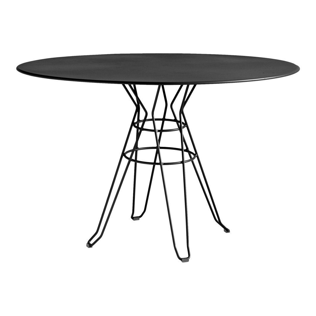 Black oval table with a sleek, minimalist design and artistic black wire base. Perfect for modern decor.