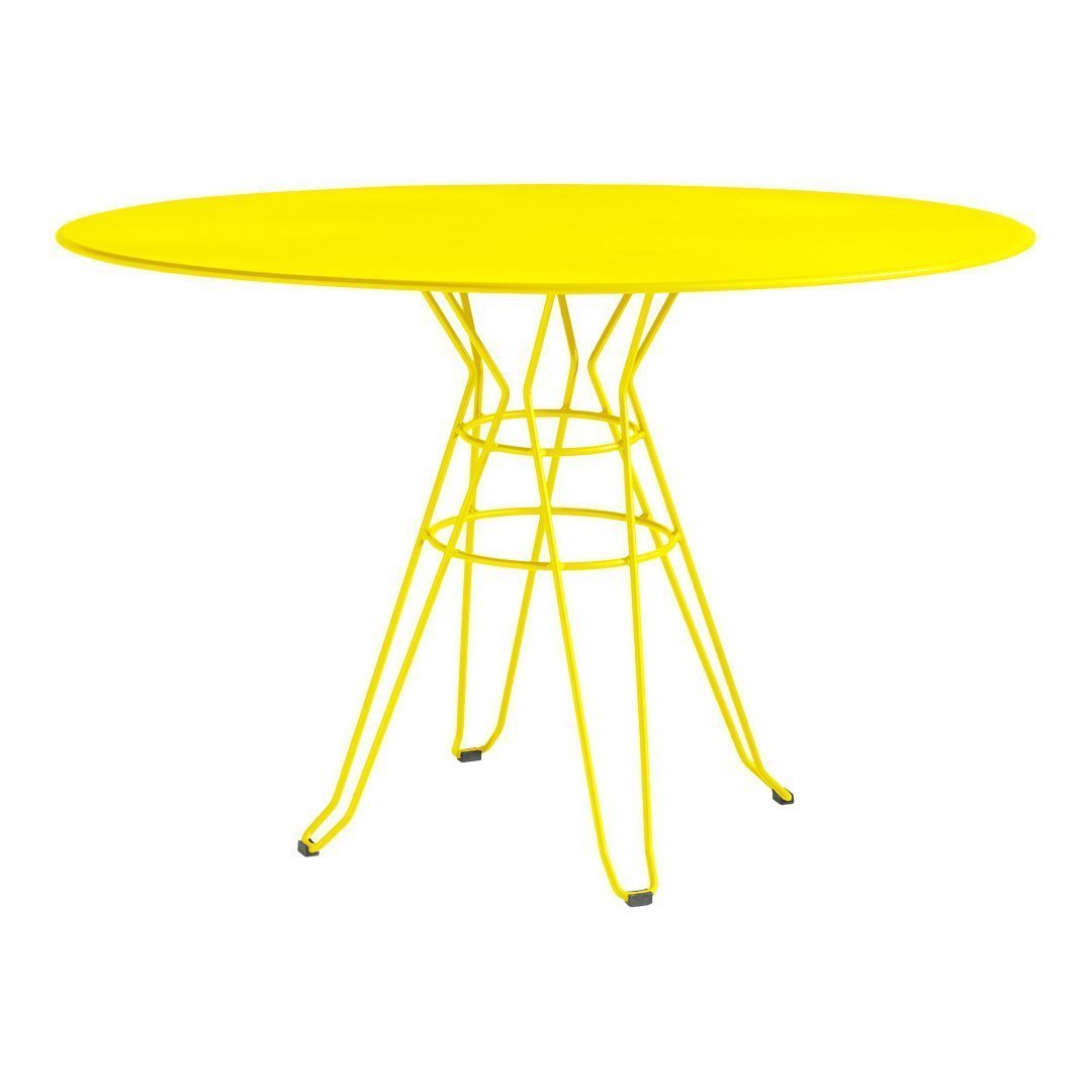 Bright yellow oval table with a modern wire base, perfect for adding a pop of color to any space.