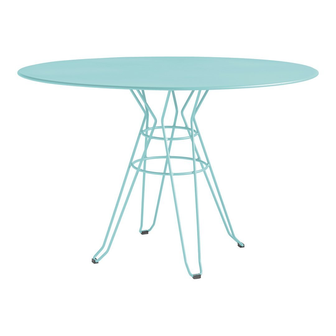 Light blue, oval metal table with a geometric wire base, perfect for modern decor.