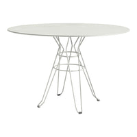 White oval tabletop with a sleek silver wire base, offering a modern and minimalistic design. Perfect for any space.