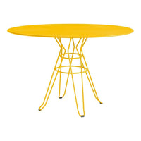Bright yellow round table with a sleek wire base, perfect for adding a pop of color to any space.
