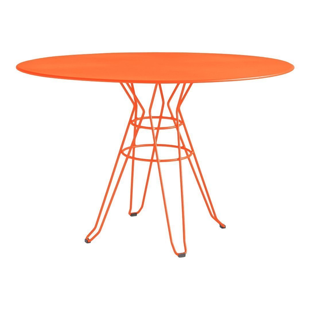 Vibrant orange oval table with a stylish wire base, perfect for modern outdoor or indoor decor.
