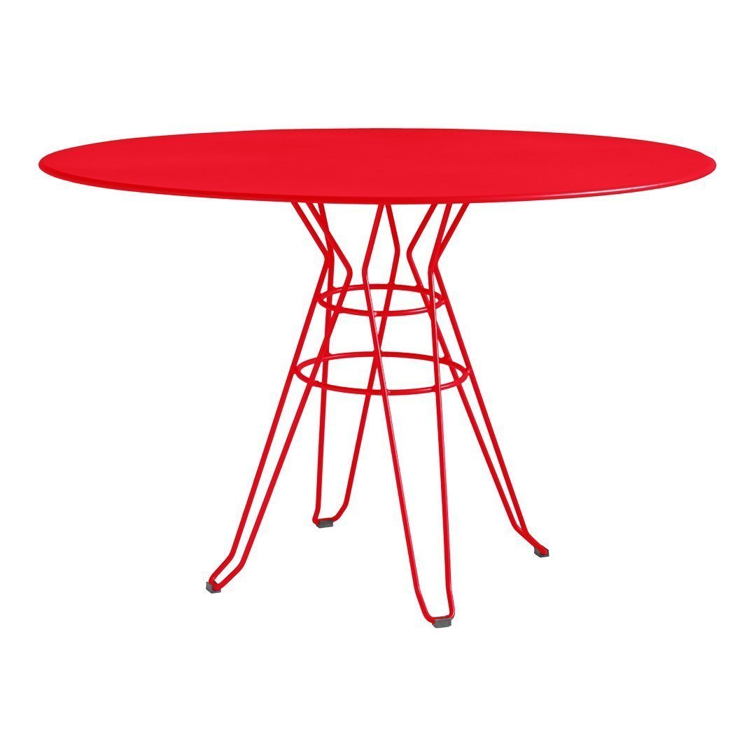 Bright red oval table with a geometric wire base, showcasing a modern and vibrant design. Perfect for any space.