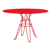 Bright red oval table with a geometric wire base, showcasing a modern and vibrant design. Perfect for any space.