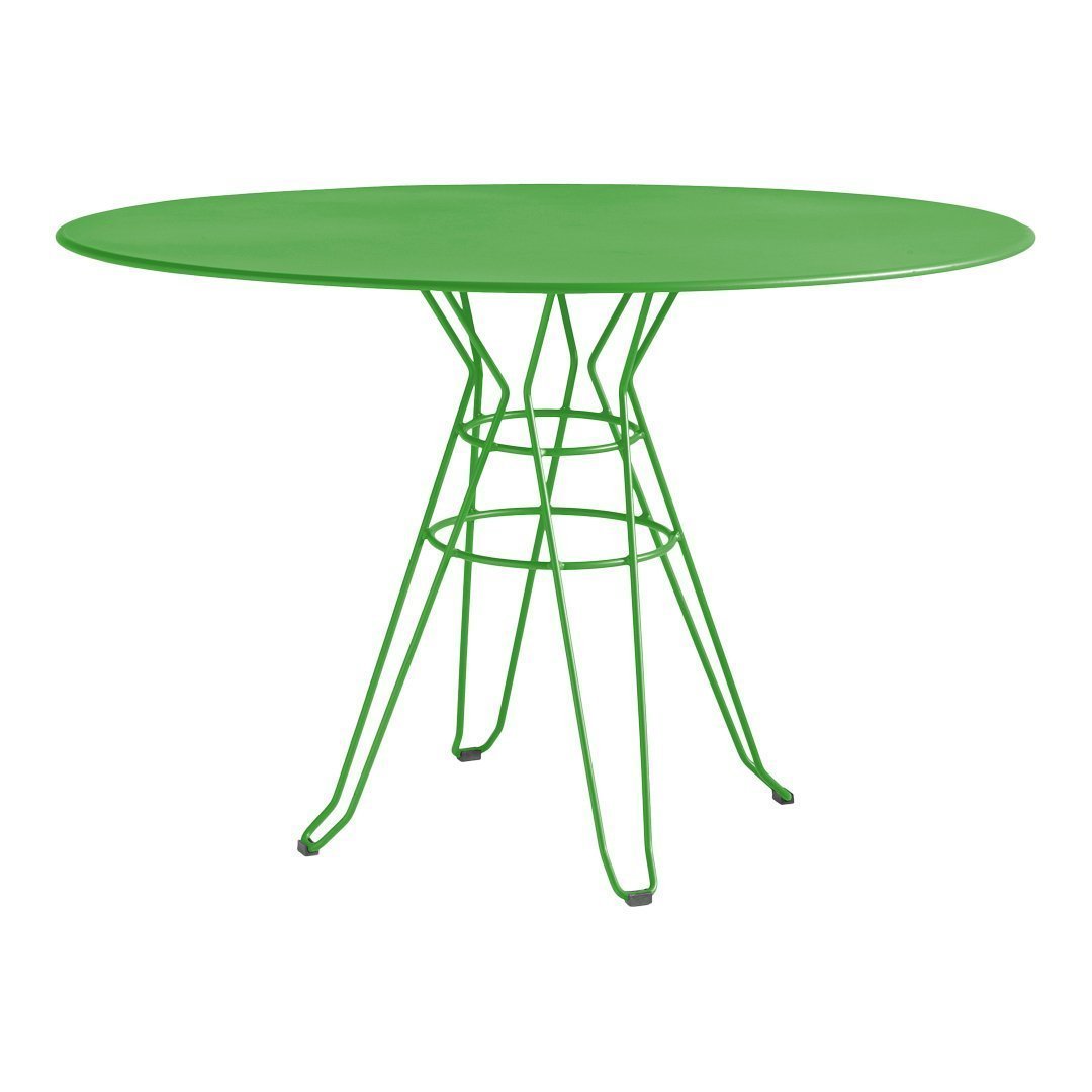Green oval table with a geometric wire base, perfect for outdoor or modern decor.