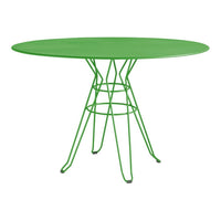 Green oval table with a geometric wire base, perfect for outdoor or modern decor.