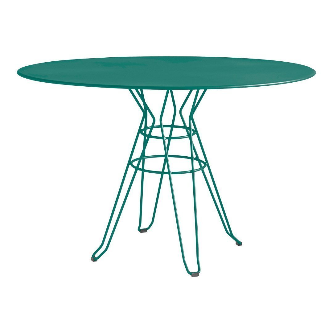 Teal round metal table with a geometric wire base, perfect for modern outdoor or indoor settings.