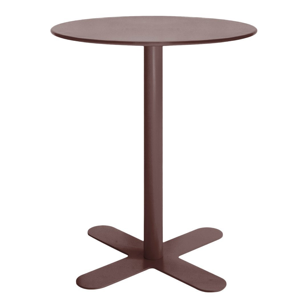 Round brown table with a sleek design and a minimalist solid pattern. Perfect for modern spaces.
