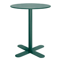 Green round table with a smooth surface and a sturdy cross-shaped base, perfect for modern decor.