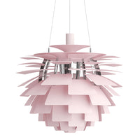 Pink layered pendant lamp with sleek chrome accents, featuring a modern, geometric design. Perfect for stylish decor.