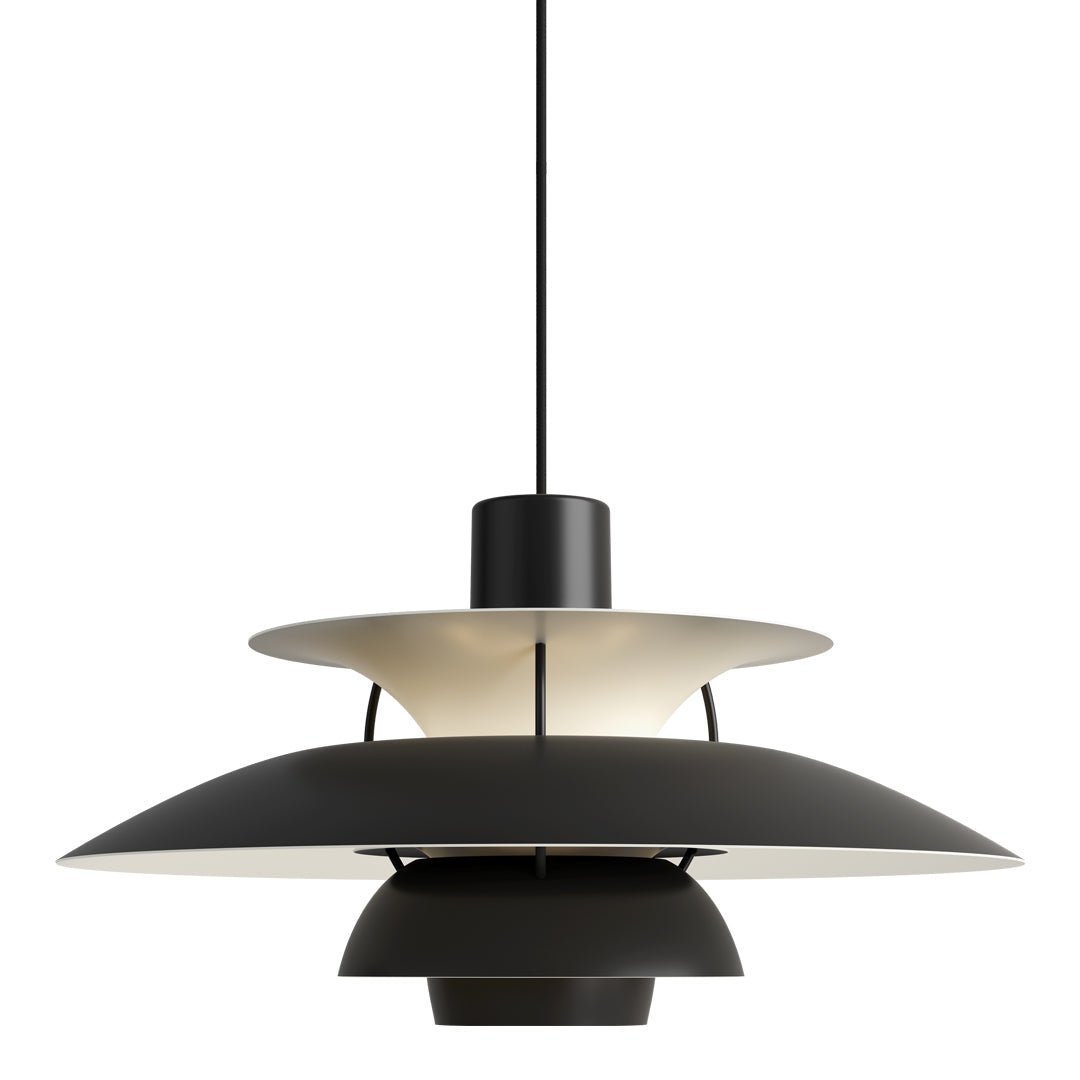 Modern pendant lamp featuring layered black and white shades with a sleek, minimalistic design.