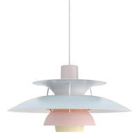 Multi-layered pendant lamp in pastel pink, blue, and white colors with a smooth, modern design. Perfect for stylish decor.