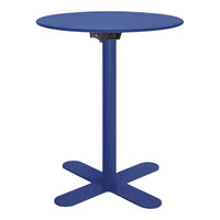 Round blue folding table with a sleek design and solid base, perfect for outdoor or indoor use.