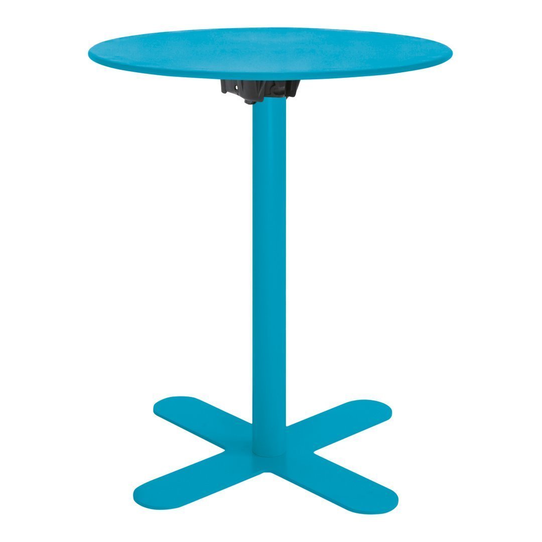 Bright turquoise round table with a sleek design and cross-shaped base for modern decor.
