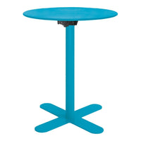 Bright turquoise round table with a sleek design and cross-shaped base for modern decor.