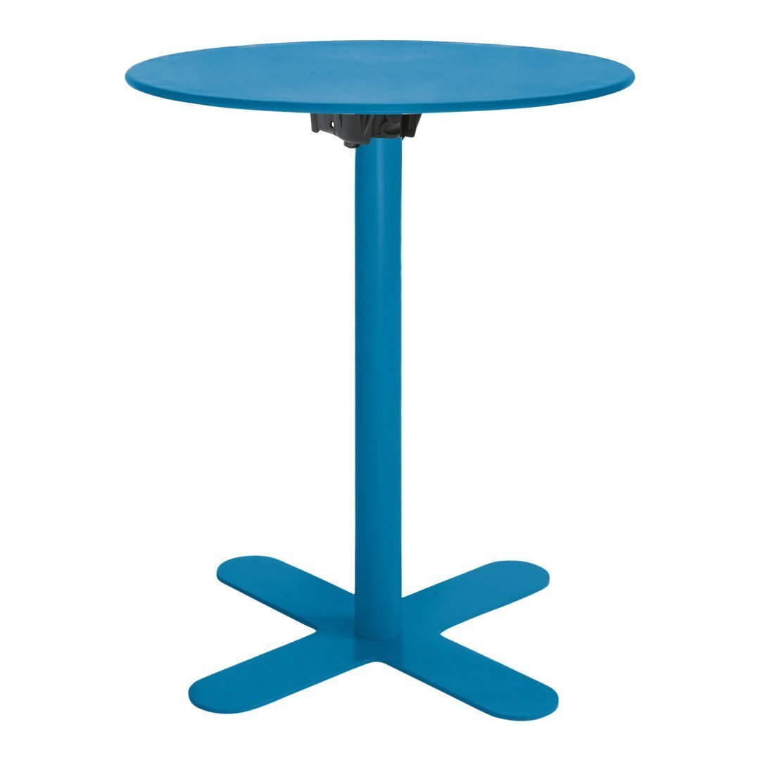 Bright blue round table with a minimalist design, featuring a simple cross base and solid color finish.
