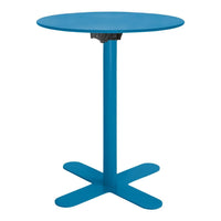 Bright blue round table with a minimalist design, featuring a simple cross base and solid color finish.