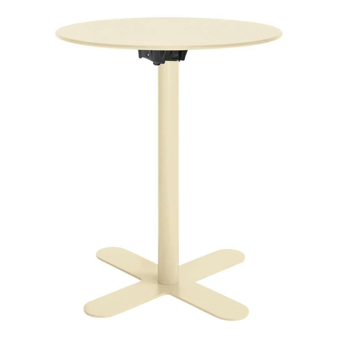Round cream-colored table with a sleek design and sturdy cross-base, perfect for modern spaces.