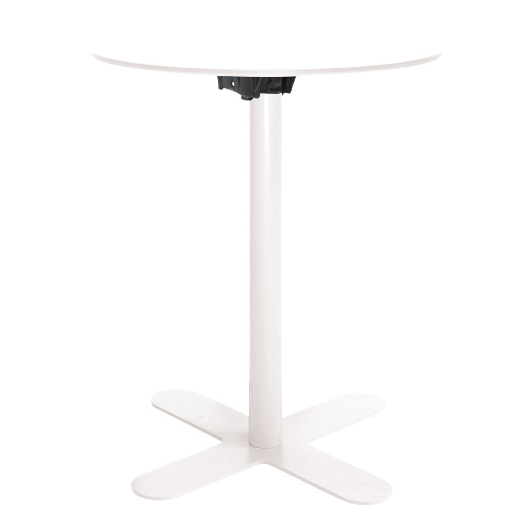 White round table with a sleek, modern design and a minimalist black base, featuring a clean, smooth finish.