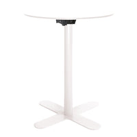 White round table with a sleek, modern design and a minimalist black base, featuring a clean, smooth finish.