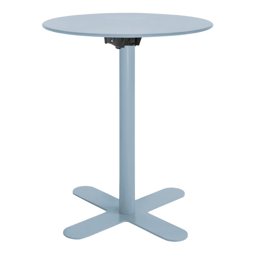 Light blue round table with a sleek design and a simple cross-base pattern. Ideal for modern spaces.