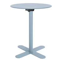 Light blue round table with a sleek design and a simple cross-base pattern. Ideal for modern spaces.