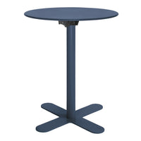 Round navy blue table with a sleek, minimalist design and sturdy cross base pattern. Perfect for modern spaces.