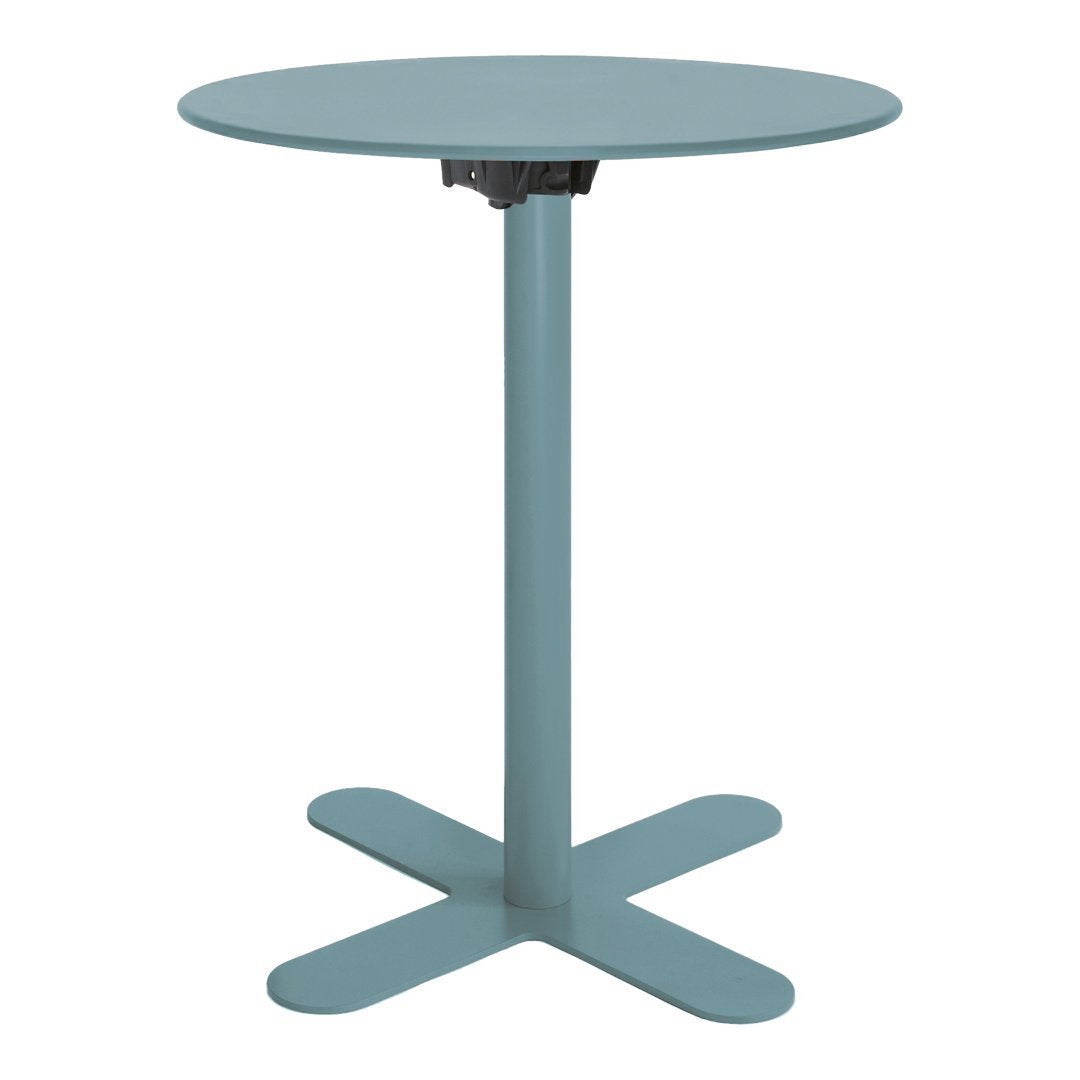 Round teal table with a sleek design and a minimalist cross base, perfect for modern decor.