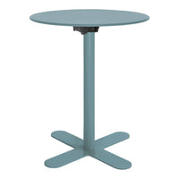 Round teal table with a sleek design and a minimalist cross base, perfect for modern decor.