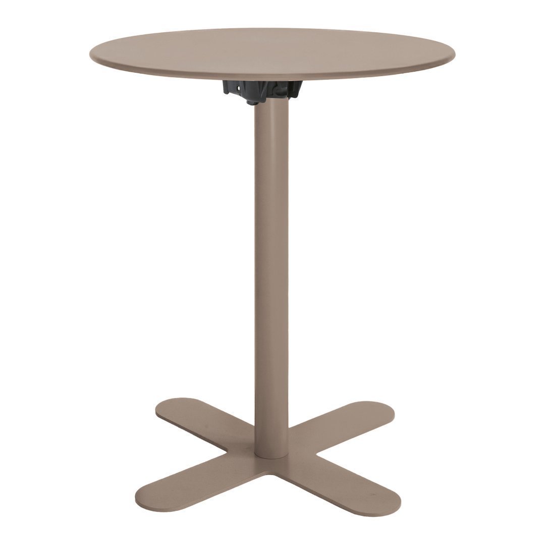Round, taupe bar table with a sleek, minimalistic design and a sturdy cross base. Ideal for modern decor.