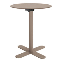 Round, taupe bar table with a sleek, minimalistic design and a sturdy cross base. Ideal for modern decor.
