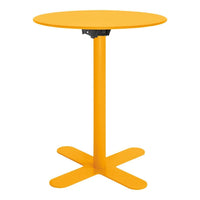 Bright yellow round table with a sleek design and a cross base, perfect for modern decor.