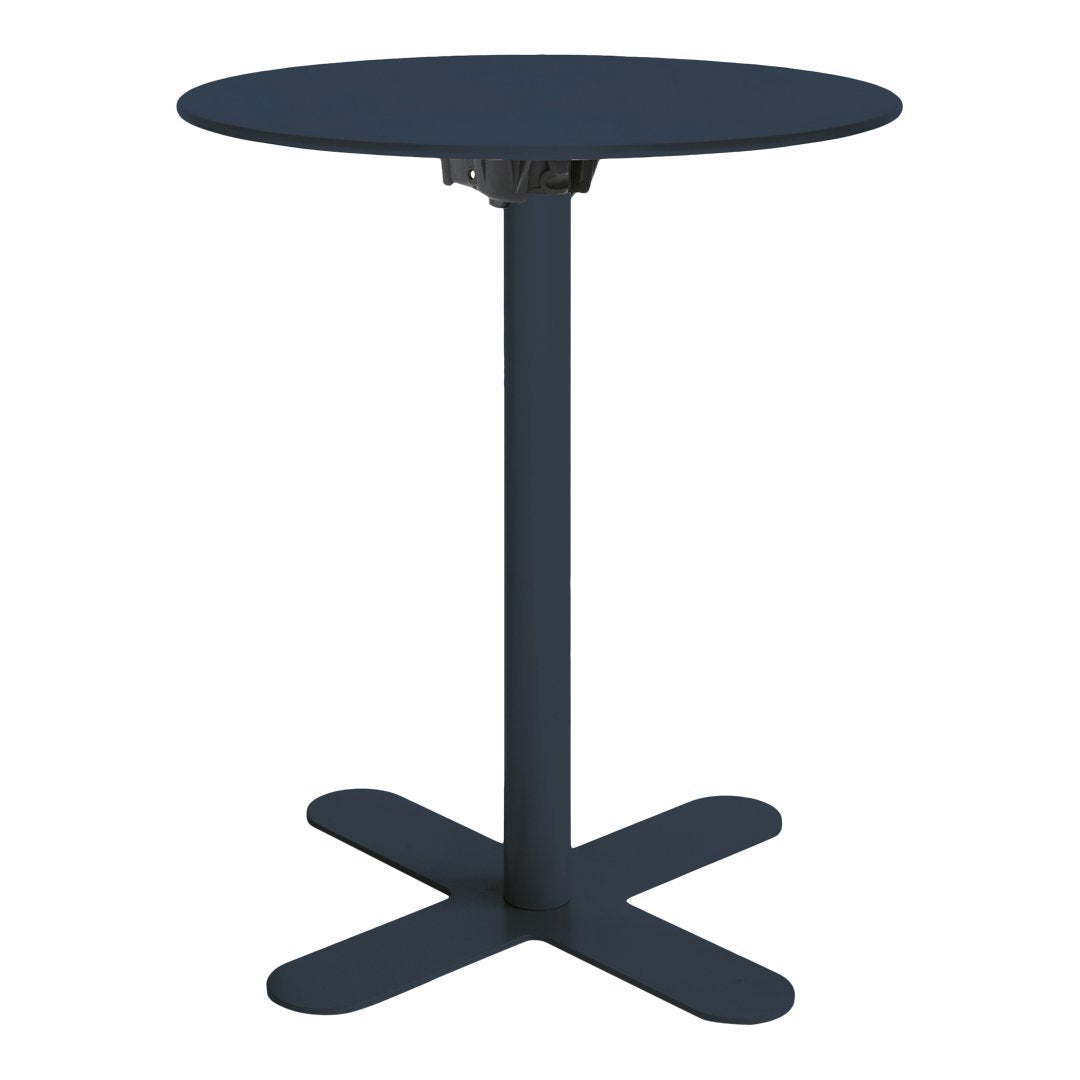Round black table with a sleek matte finish and a minimalist design, featuring a stable four-legged base.
