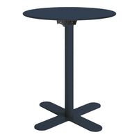 Round black table with a sleek matte finish and a minimalist design, featuring a stable four-legged base.