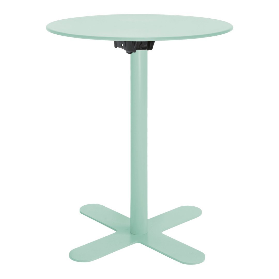 Mint green round table with a sleek design and sturdy four-legged base. Perfect for modern decor.
