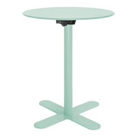Mint green round table with a sleek design and sturdy four-legged base. Perfect for modern decor.